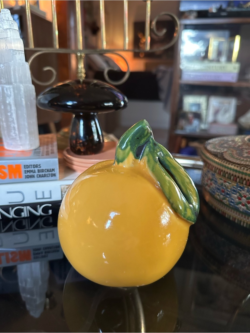 Vintage Ceramic Glossy Yellow Lemon Fruit Piggy Bank Accent with Green Leaf